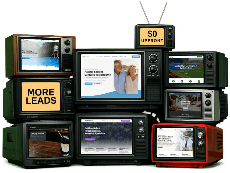 Portfolio of client websites displayed on vintage television screens