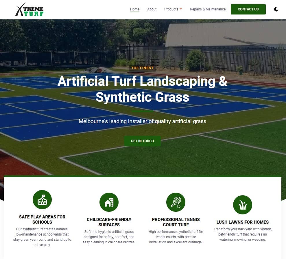 Xtreme Turf website homepage with hero and navigation.
